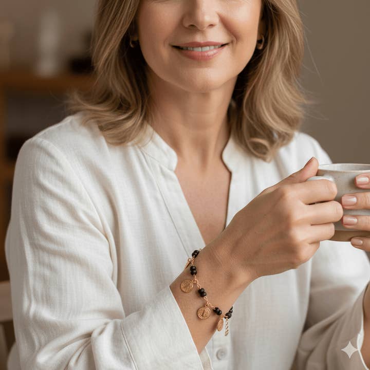 Guadalupe Gifts - Wholesale Charm/Dangle Bracelet - Gold-Plated Black Bead Coin St Benedict Bracelet 8"1