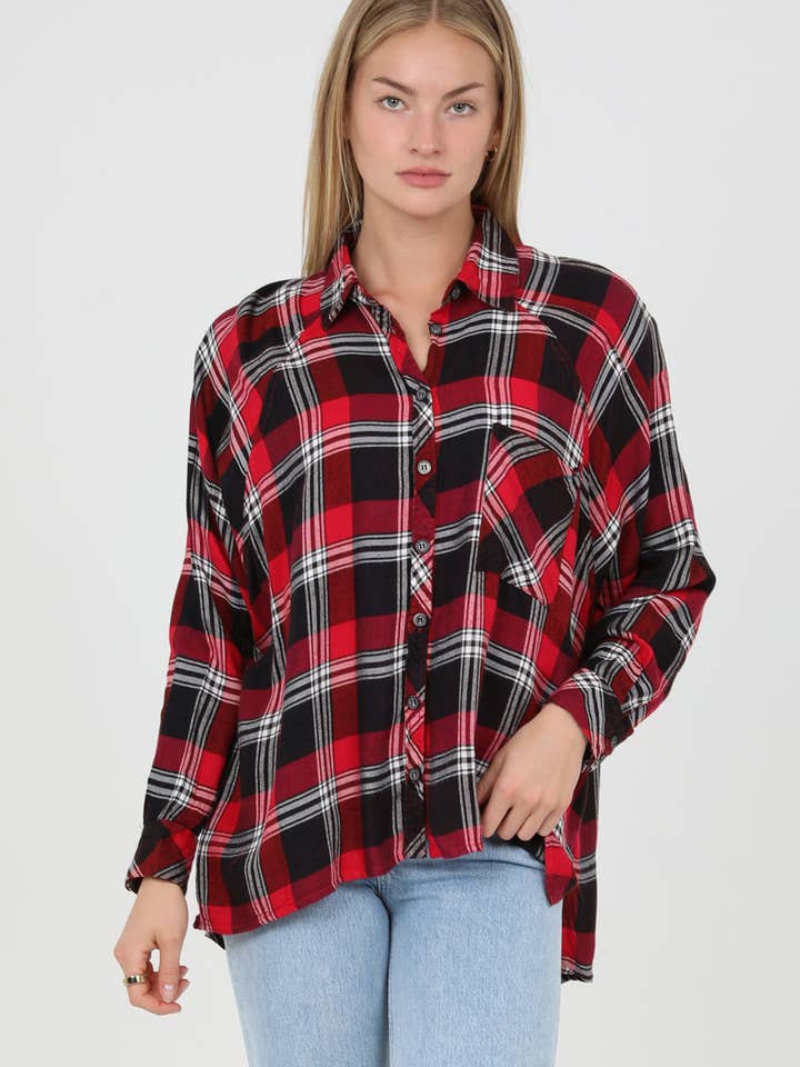 C2301-MJ20 RELAXED FIT BUTTON FRONT PLAID SHIRT WITH POCKET for wholesale by ANGIE