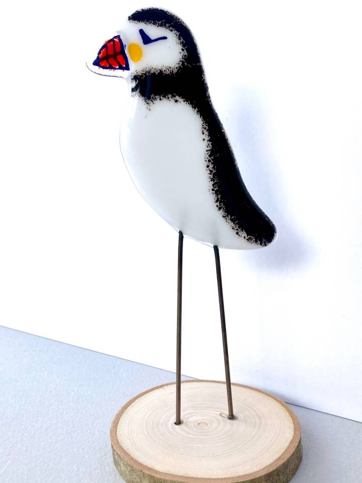 Fused Glass Standing Puffin for wholesale by Leona Stewart Glass