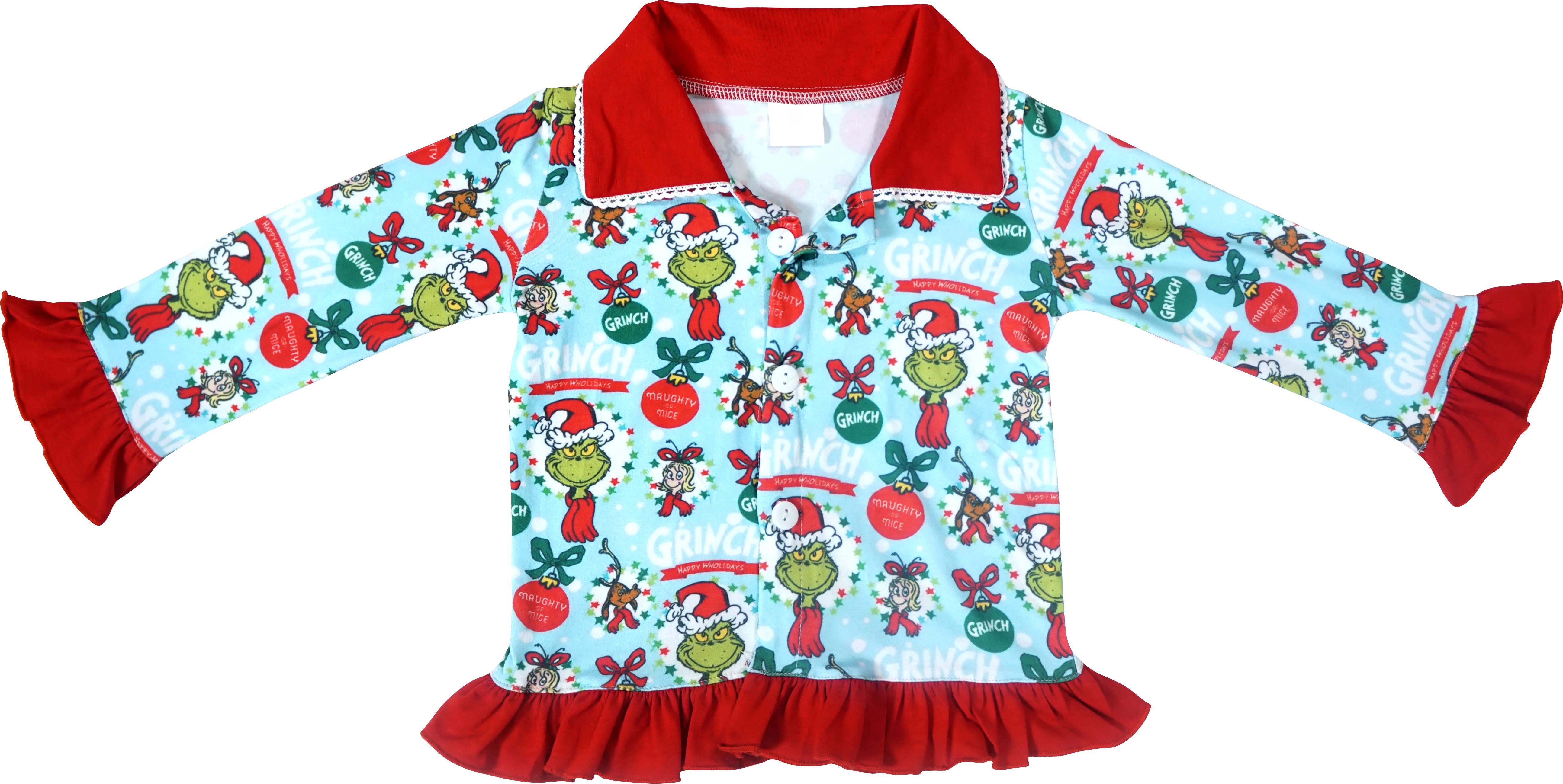 Amor Babee – wholesale Sleepwear set – Kids – Baby Girls Christmas Grinch Button Down Pajamas Pjs Set1