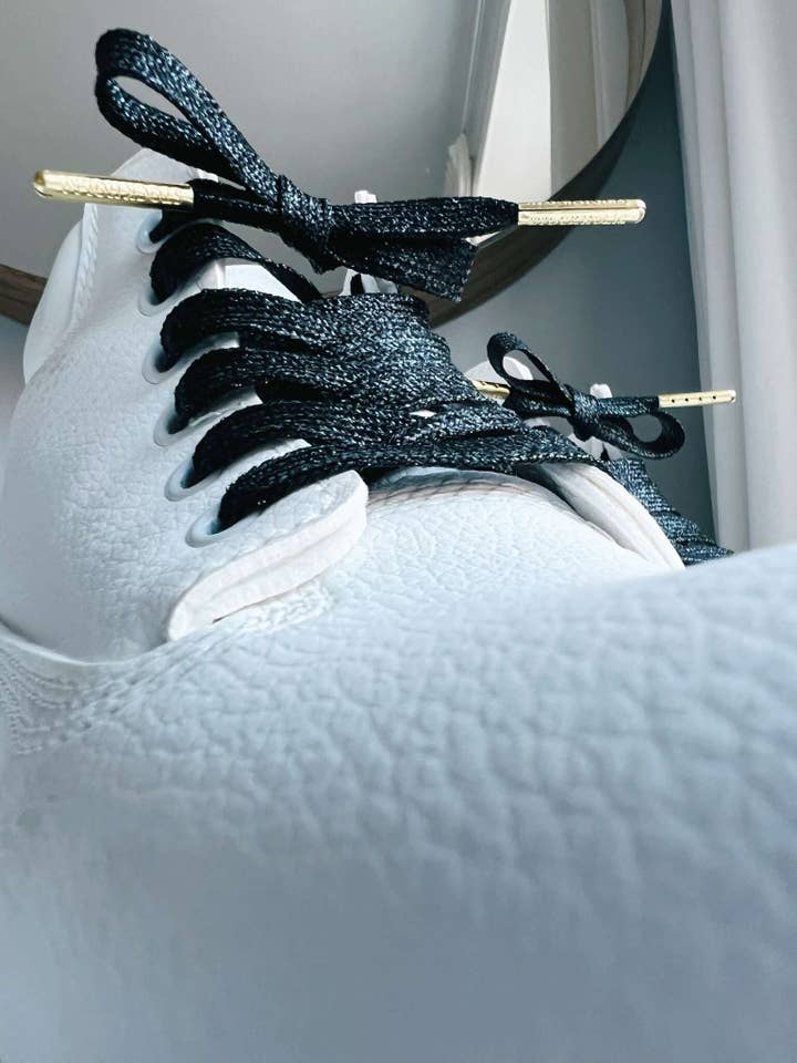 The Shoelace Brand - Wholesale Shoelaces - Women's - Glitter Black – Sparkling Black Shoelaces with Gold Tips