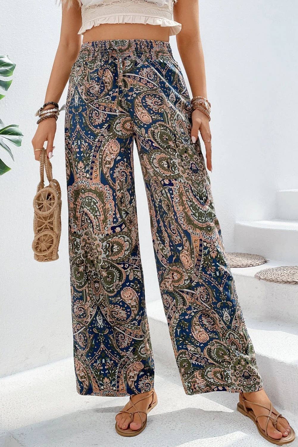 1 the Woman - Wholesale Pants - Women's - Paisley Print Boho Elastic Waist Wide Leg Pants4