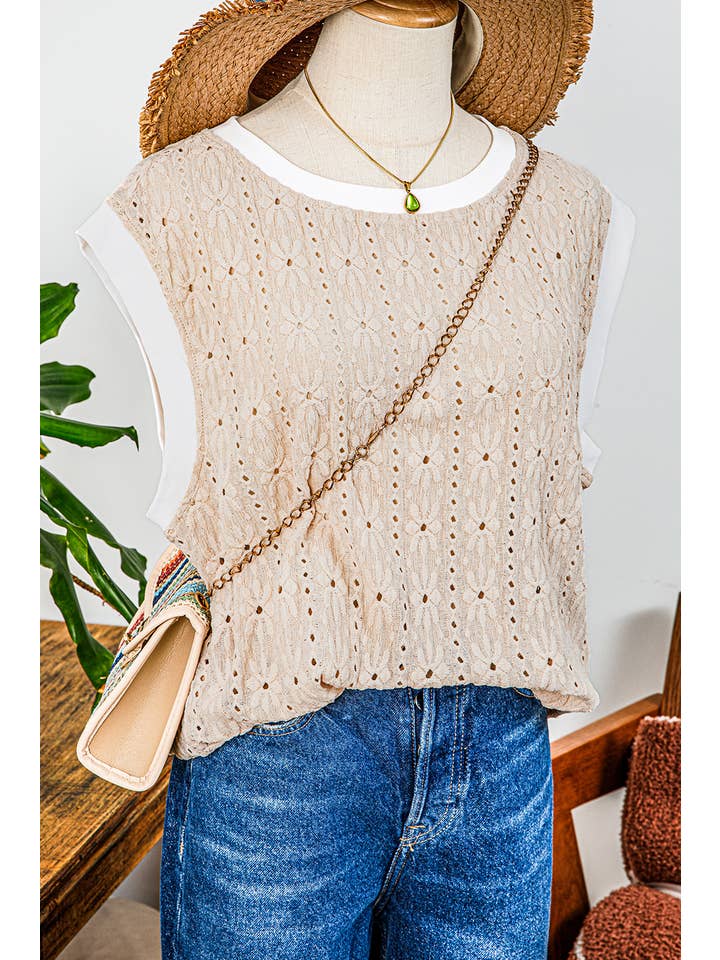 As shown Fashion-W Floral Textured Crew Neck Tank Top for wholesale on Faire