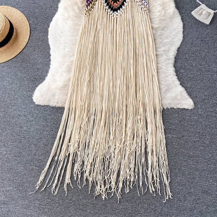 HIDDENBRAND - Wholesale Dress - Women's - Western cowgirl Boho Crochet lace long tassel strappy dress7