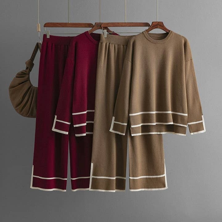 Color-Blocked High-Slit Sweater And High-Waisted Wide-Leg Pants Set for wholesale by UZ Wholesale Store