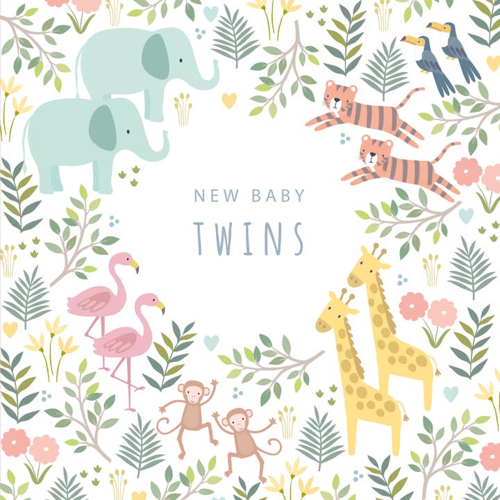 Klara Hawkins - Wholesale Baby Card - New Baby Twins Greeting Card | Cute jungle animals1