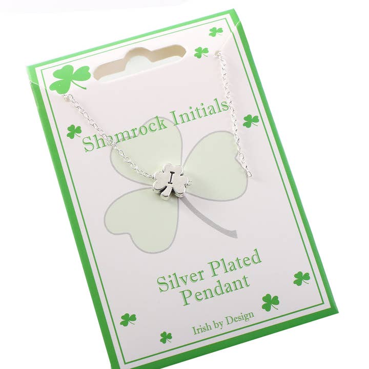 IRP-021I Silver Plate Shamrock Initial Pendant I for wholesale by Celtic Ore Crafts