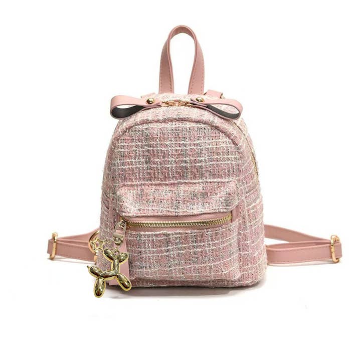 Mini Tweed Pink Mini Backpack with Balloon Dog Bag Charm for wholesale by Mavi Bandz