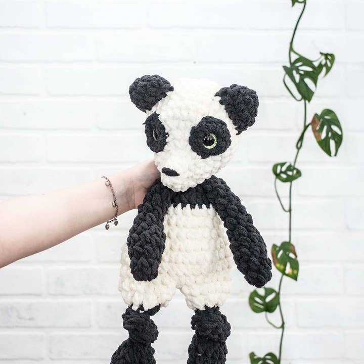 Panda Bear Lovey, Panda Stuffed Animal, Crochet Black and White Panda Snuggler for wholesale by The McGarvey Workshop