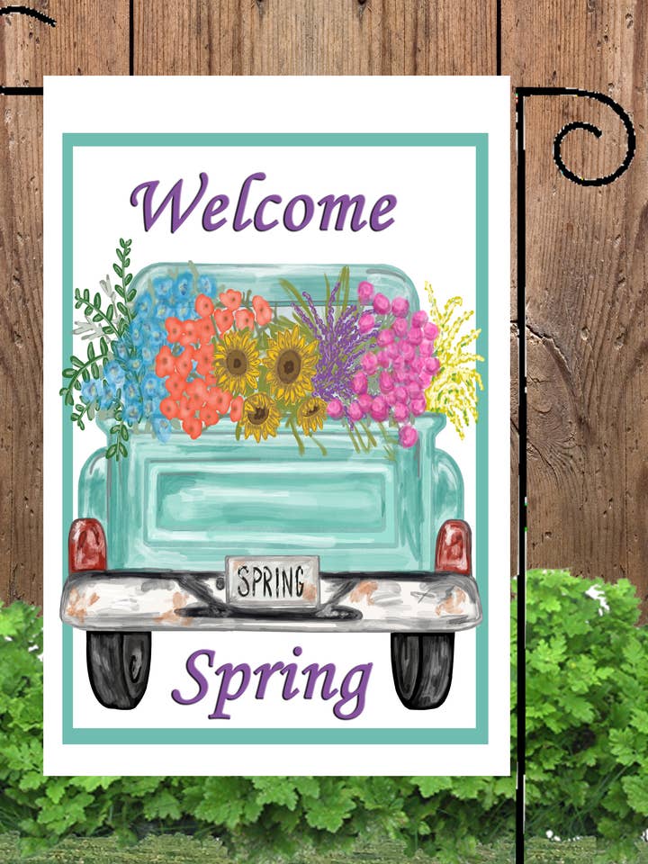 Welcome Spring Truck Garden Flag #G1989 for wholesale by Happy Cow Lawn Decor
