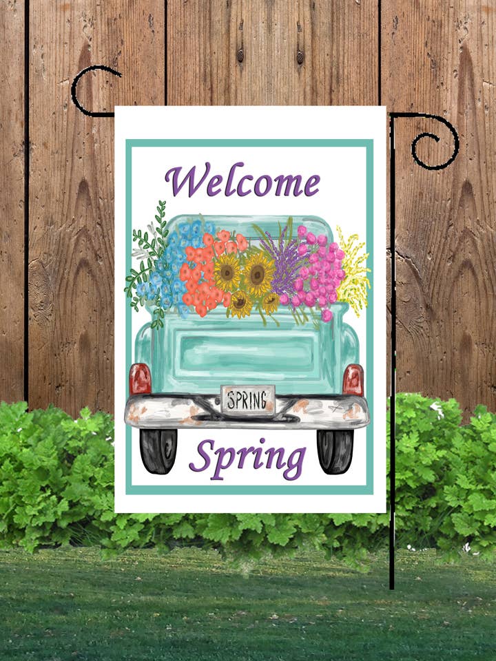 Welcome Spring Truck Garden Flag for wholesale by Happy Cow Lawn Decor