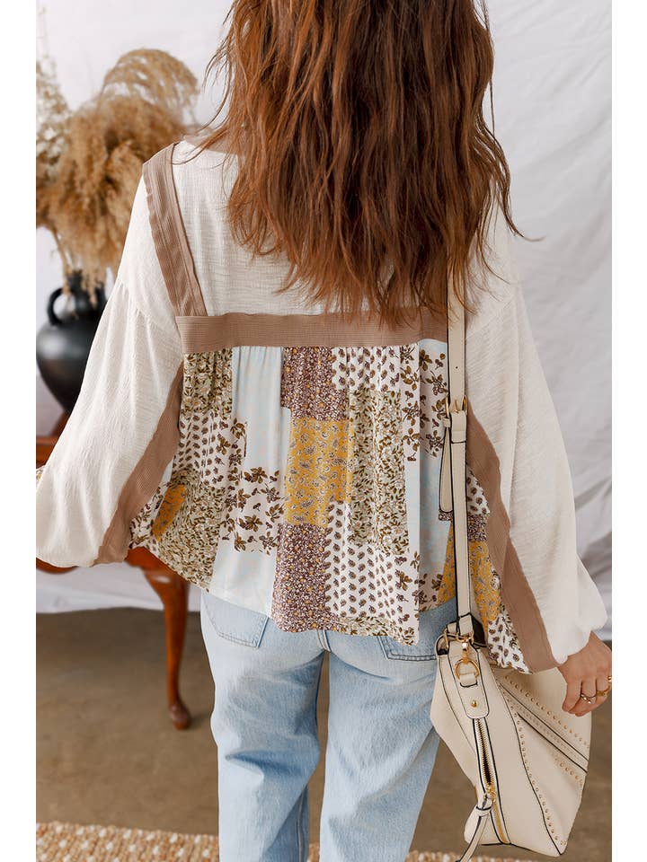 Brown LDC Floral Printed Contrast Patchwork Long Sleeve Top for wholesale on Faire1