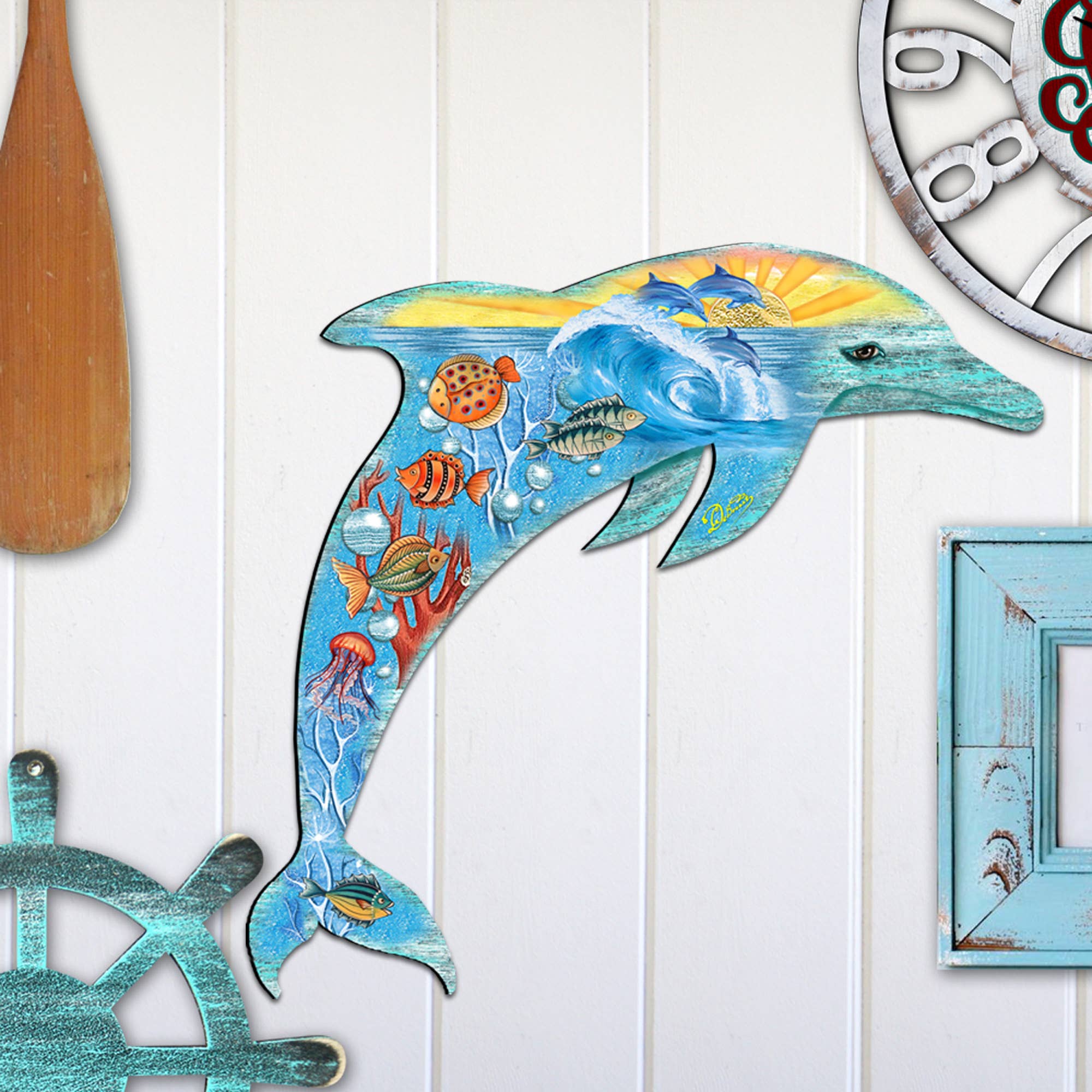 Designocracy - Wholesale Door Hanger - Sea Creatures Dolphin Wooden Door Hanger DeBrekht Coastal6