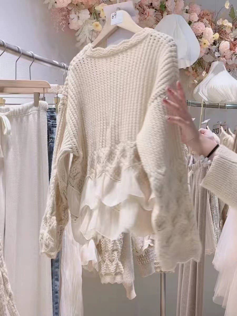 Beige Top de punto con cuello redondo y diseño hueco retro de venta al por mayor en Faire3