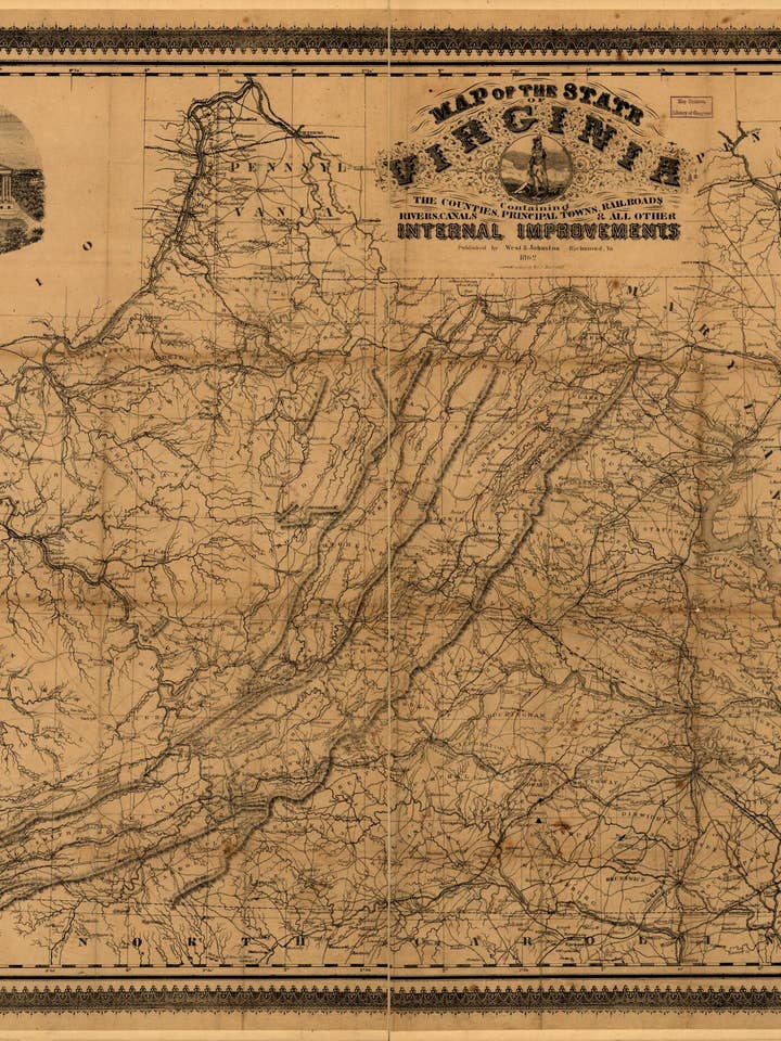Mapa del Estado de Virginia: Conteniendo los Condados, Principales Ciudades, Ferrocarriles, Ríos, Canales y Todas las Otras Mejoras Internas 1862 para venta al por mayor de Relic Map Co.