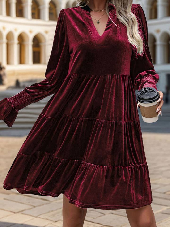 NINEXIS - Wholesale Dress - Women's - CWDMD3552_V-NECK LONG-SLEEVED SOLID COLOR VELVET DRESS13