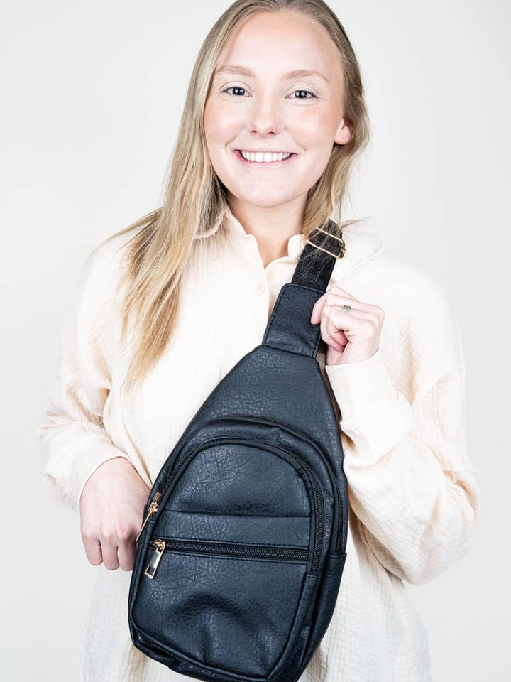 NGIL Black Faux Leather Small Lyla Sling Bag for wholesale by Wholesale Accessory Market