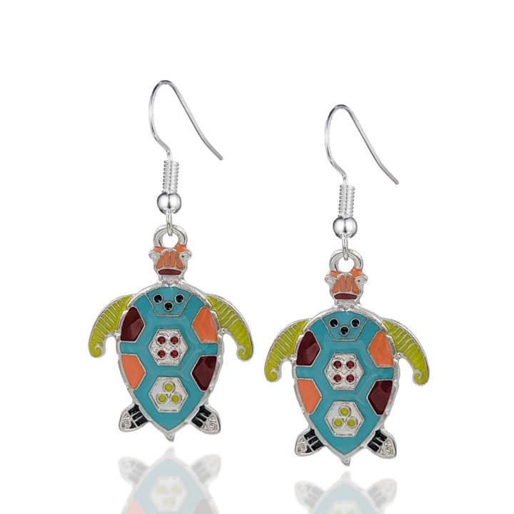 BeSheek Rainbow Mosiac Silvertone Turtle Fashion Earrings for wholesale by BESHEEK JEWELRY