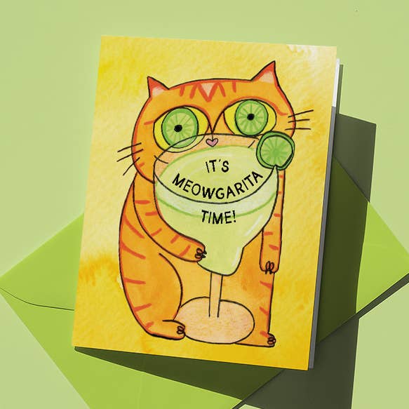 'Meowgarita Time!' Card for wholesale by Nicky Serrano Art