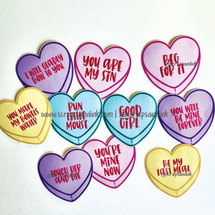 Set of 4 Heart Stickers: Candy, Conversations, Dark Romance for wholesale by Scraps & ink