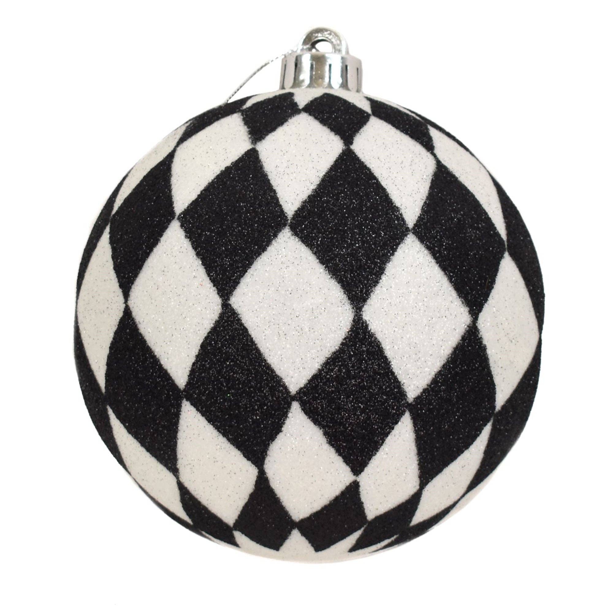 David Christopher's Collection - Wholesale Ornament - 5.5” Black/White Harlequin Print Glitter Ball Orn.0