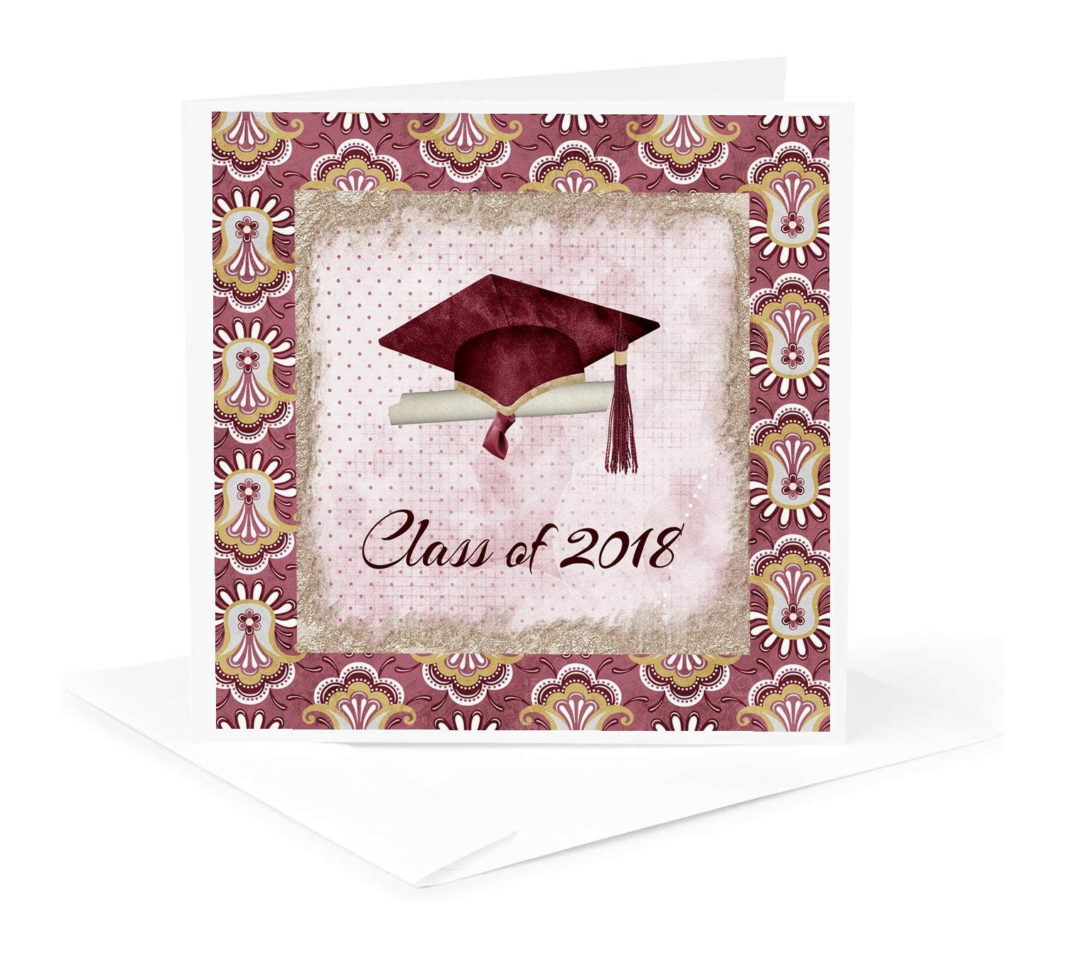 3dRose – wholesale Everyday greeting card – 3dRose, Graduation Cap, Diploma, Faded Dots, Pink Frame, Flower, 2018, Red, Greeting Card0