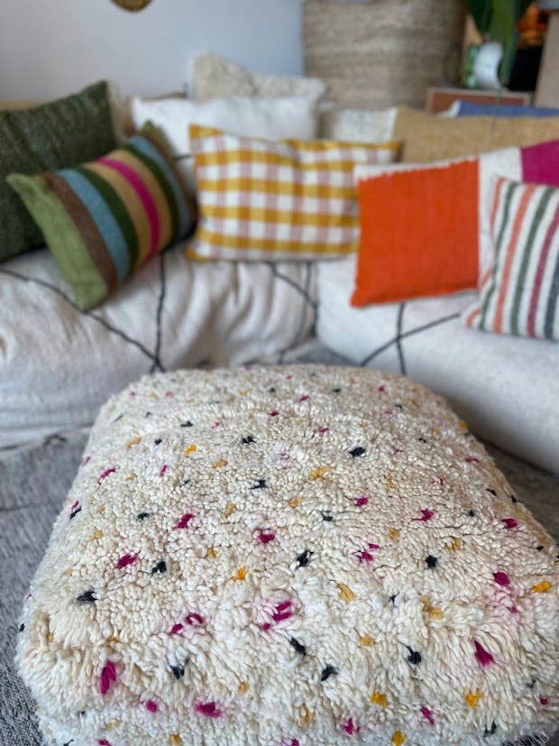 Handmade Dots Floor Cushion, Black, Pink, Mustard, wool for wholesale by NOMAD BY LIV