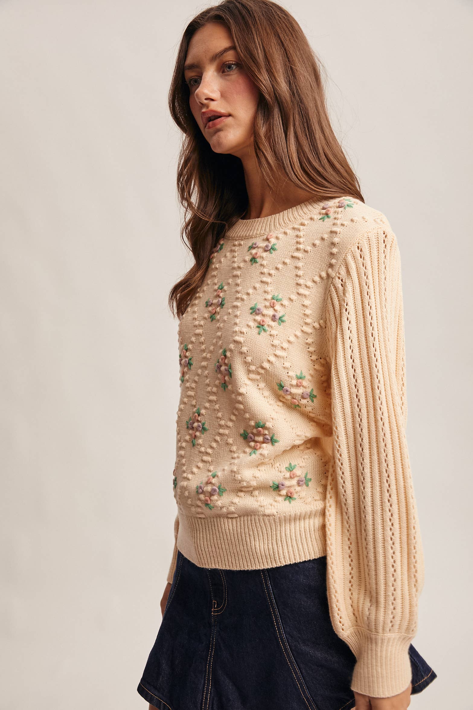 Forte - Venta al por mayor Jersey de punto - Mujer - Jersey de Punto con Mangas Abullonadas Bordadas FSW00074