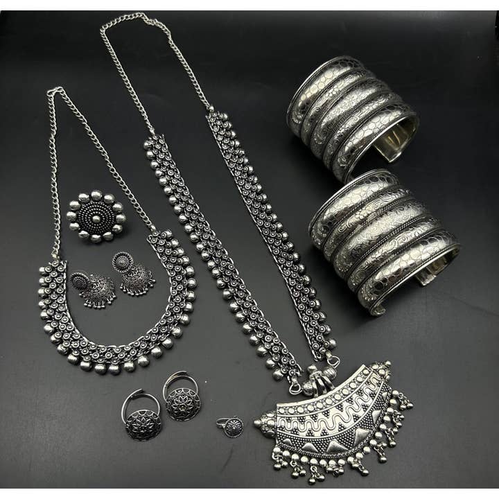 Quirky Fashions - Wholesale Jewellery set - 7Pc Boho Oxidized Ethnic Temple Indian Jewelry Set3