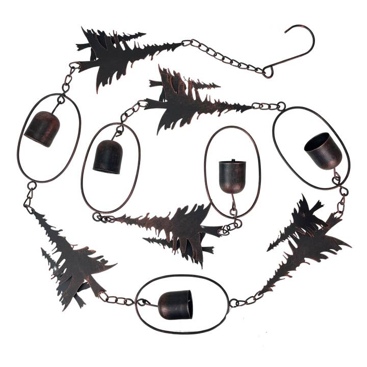 Zeckos - Wholesale Outdoor Ornament/Decor - 70-Inch Metal Rain Chain with 5 Forest Tree Silhouettes & Zen Bells, 3.25-Inch Diameter, Decorative and Functional Downspout Alternative