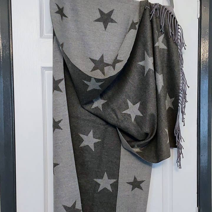 Grey Star Scarf Reversible 30% Wool Super Soft Fringed Accessories Cozy Throw for wholesale by Bee my Oyster