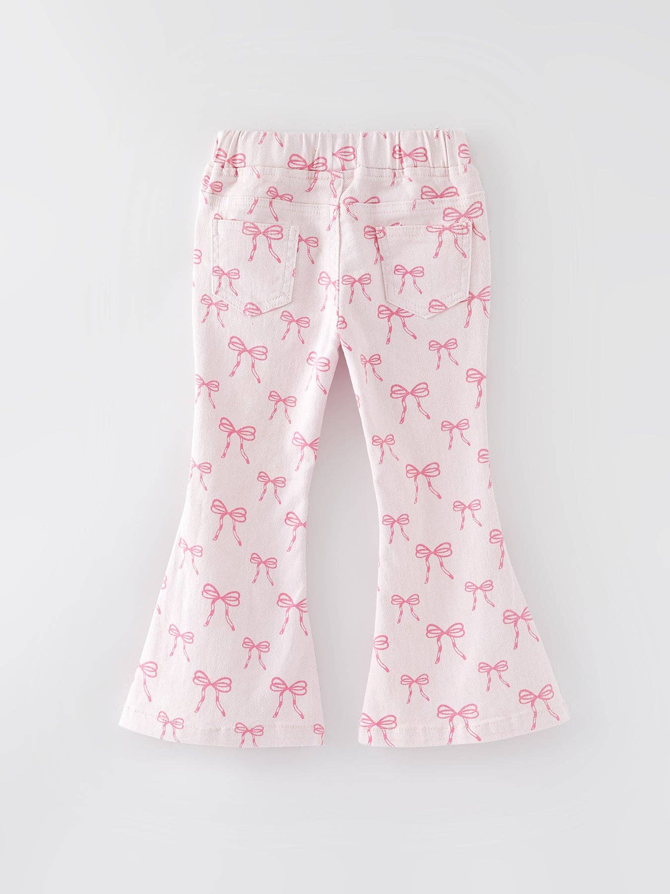 Rylee Faith Designs - Vendita all'ingrosso Jeans - Bambini - Jeans elasticizzati svasati in denim con stampa fiocco rosa per ragazze autunnali.1
