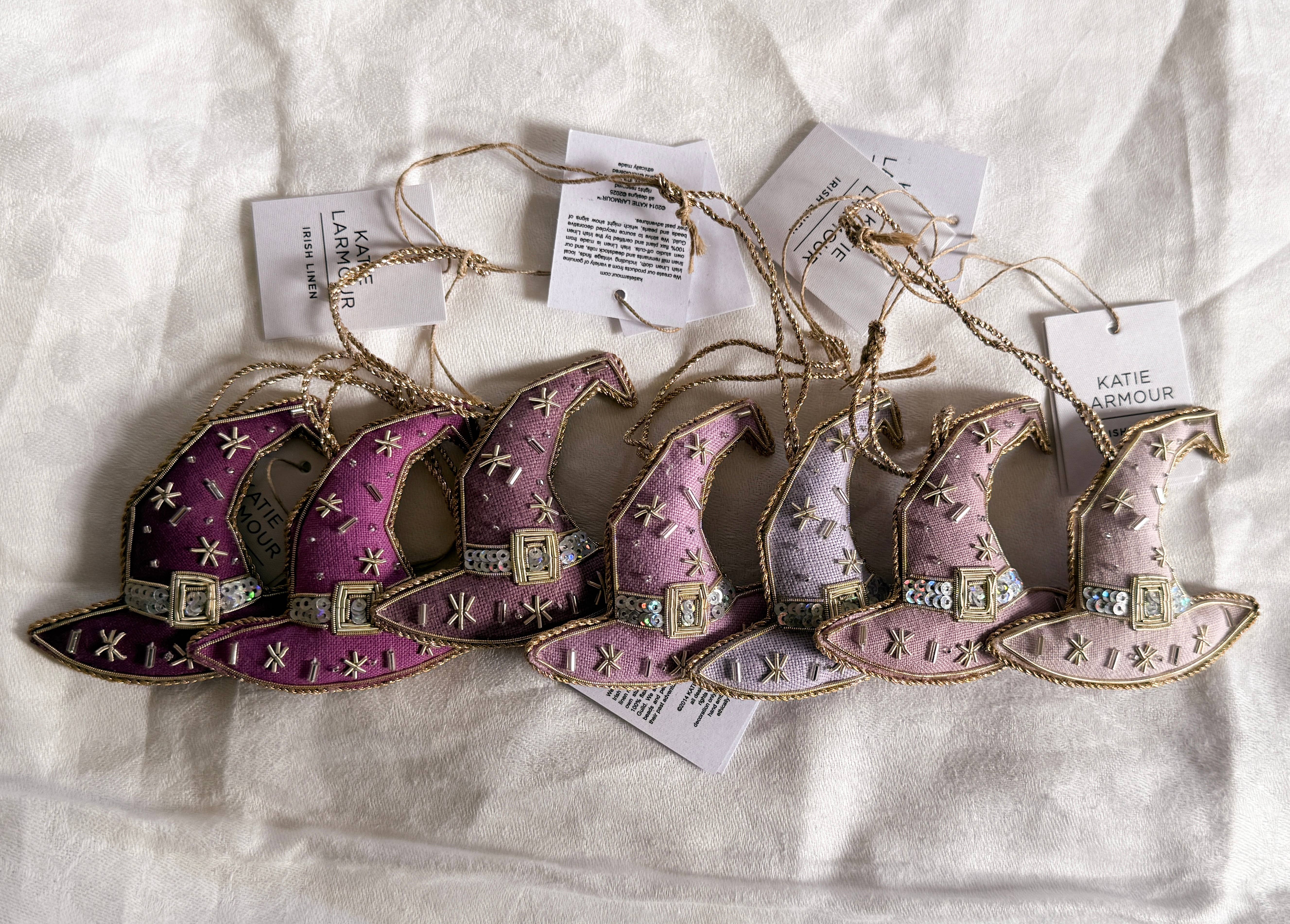 Katie Larmour Linen – wholesale Ornament – (7pcs) Assortment Purple Handmade Witch Hat Linen Halloween1