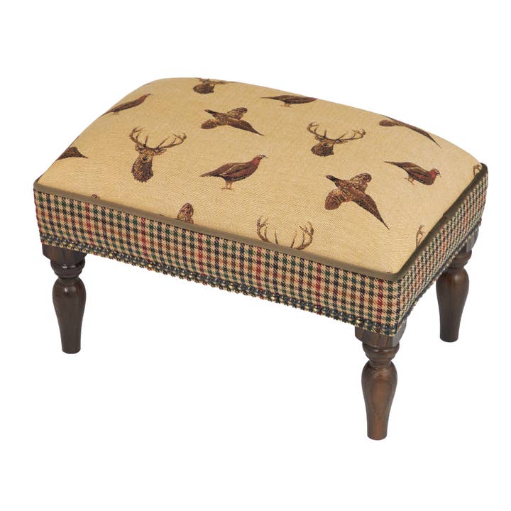 Highland Beige Upholstered Stool with Tweed Sides for wholesale by Hines of Oxford