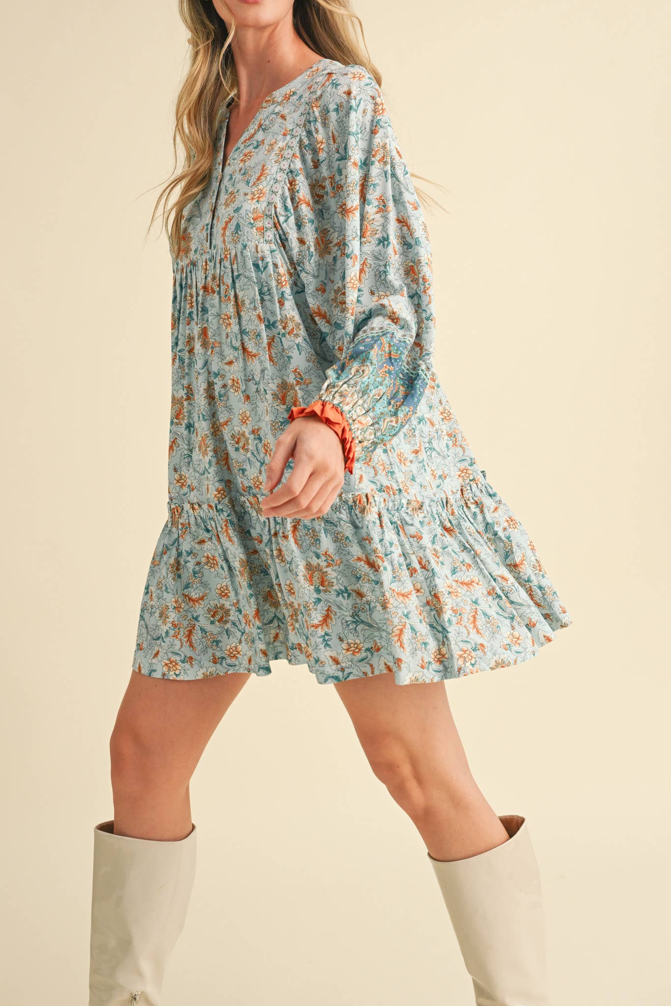 &MERCI - Wholesale Dress - Women's - EXCLUSIVE PRINT PUFF SLEEVE TIERED BABYDOLL DRESS MDR349012