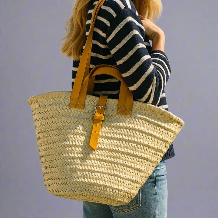 French Market Basket with Leather Handles – Handmade Palm Leaf Tote for wholesale by Artisan Stories