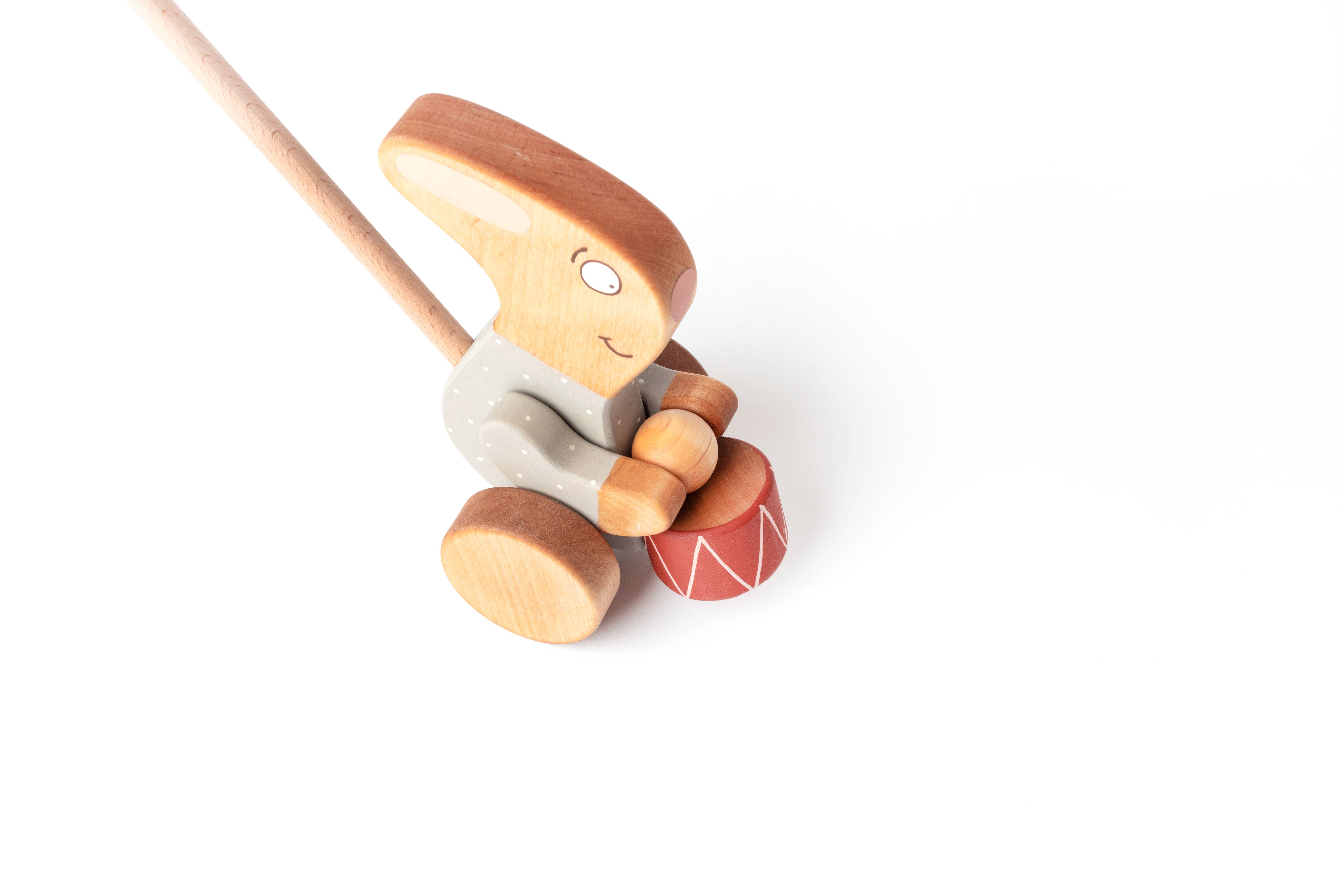 Friendly Toys - Wholesale Wood Toy - Kids - Handmade Wooden Toy, Rabbit with a Drum Push Toy2