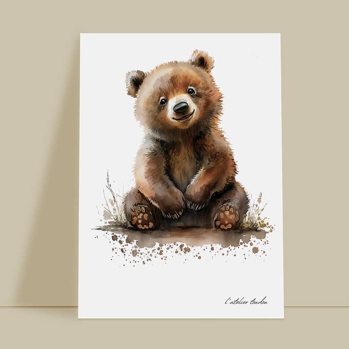 Brown bear baby room wall decor - realistic watercolor animal theme for wholesale by L'atelier Toudou