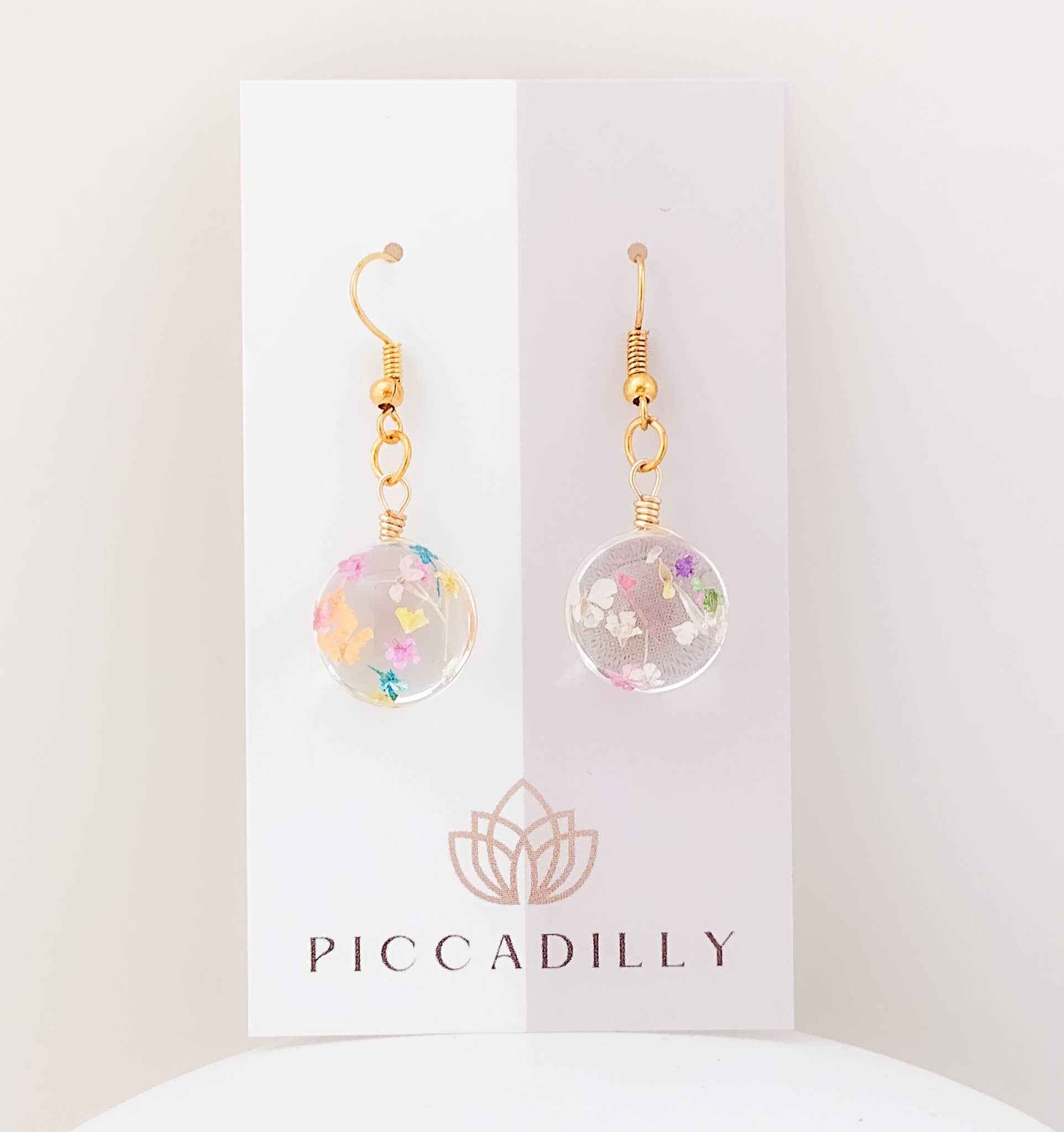 Piccadilly Pendants - Wholesale Dangle Earrings - Confetti Flower Earrings, Gold Pressed Flower Earrings2
