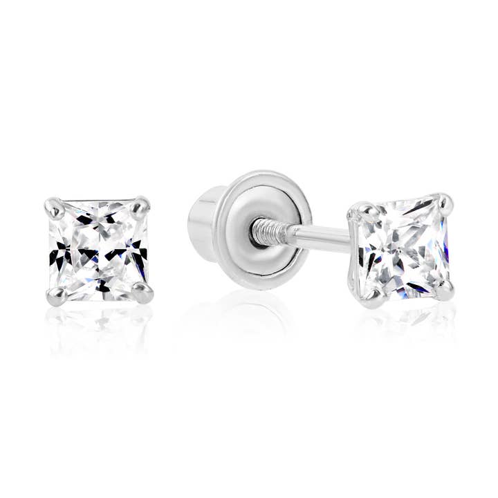 14K Solid White Gold Square CZ Stud Earring with Screw-Back for wholesale by NY Gold & Silver Trading Inc.