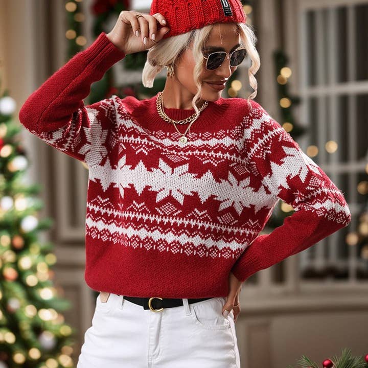 Rosa Clothing - Wholesale Knit Sweater - Women's - Christmas Tree, Snowflake Pattern Sweater