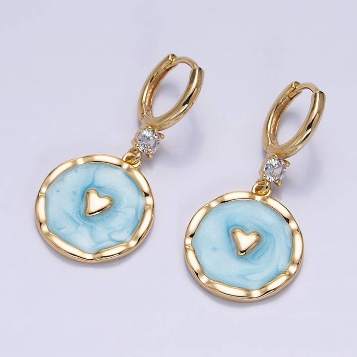 White, Blue, Pink Sparkly Enamel Heart Round CZ Drop Gold Huggie Earrings | AD794 - AD796 for wholesale by Aim Eternal