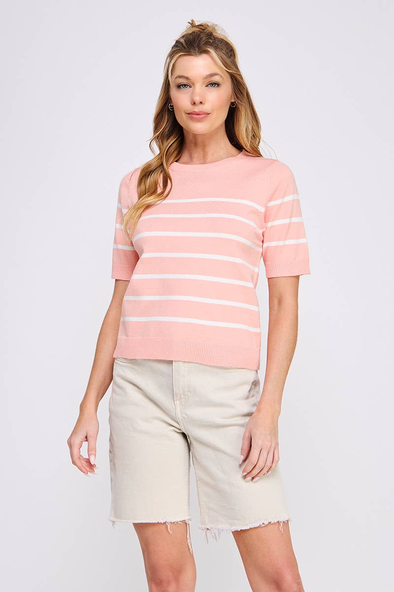 Allie Rose - Wholesale Knit Top - Women's - Soft Fine Gauge Short Slv Preppy Striped Top6