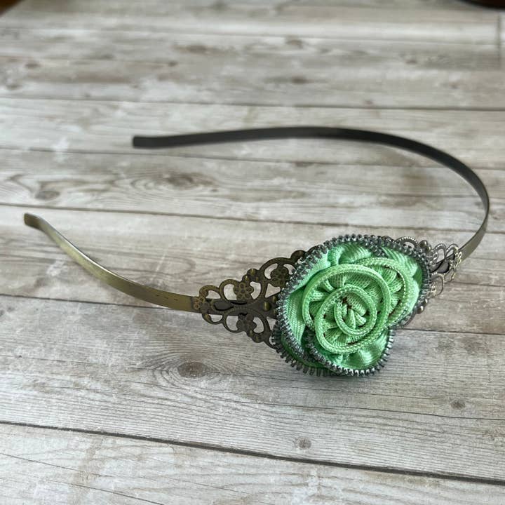 Zipper Flower Headband OOAK Mint Green for wholesale by Open Window Studios