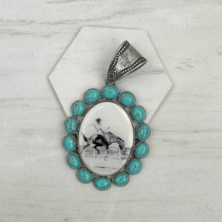 Western Elite Jewelry - Wholesale Individual Charm/Pendant - PDS230827-01 Silver oval with blue turquoise stone cowboy pendent