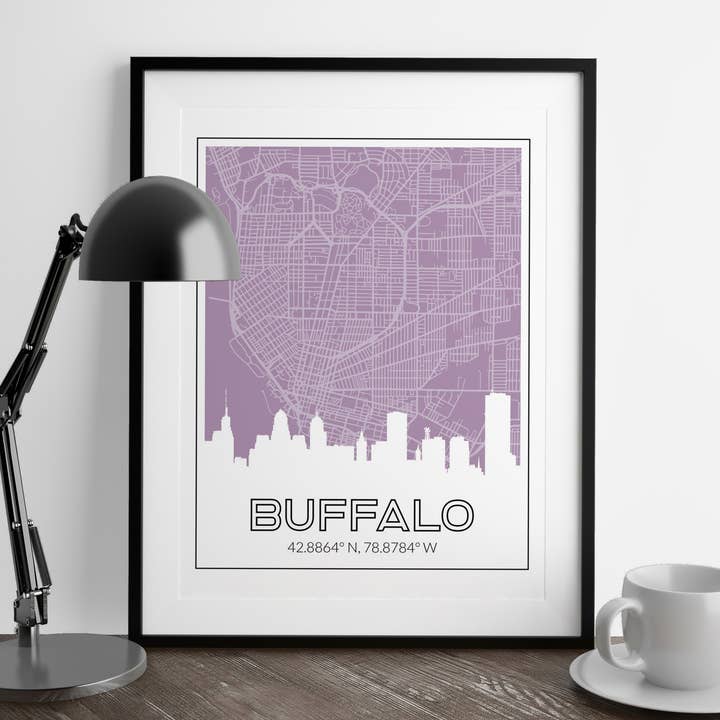 Paperfinch Design - Vente Affiche d'art - Carte de Buffalo New York et impression artistique de la ligne d'horizon avec les coordonnées de la ville2