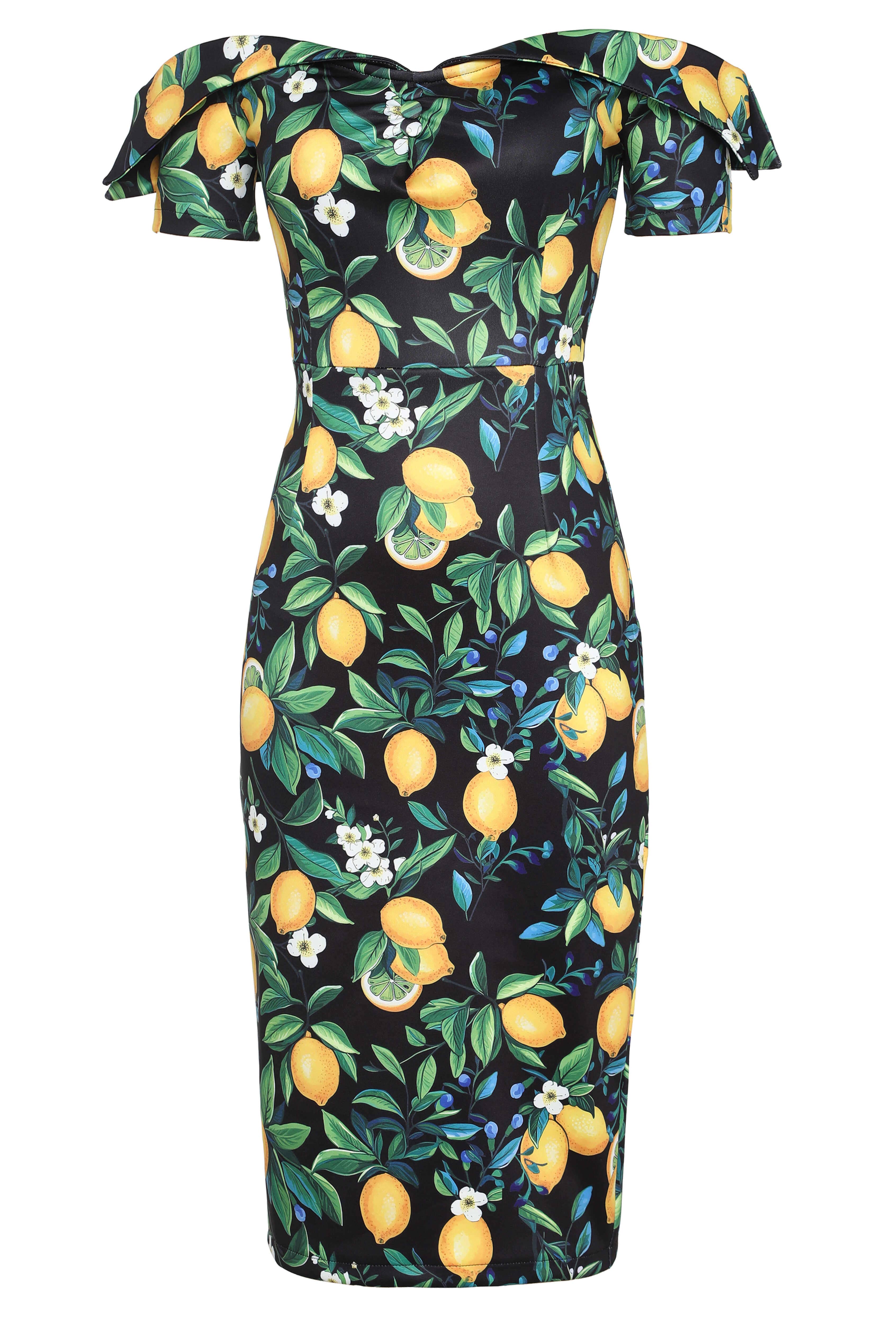 Dolly & Dotty - Wholesale Dress - Women's - Monroe Off-the-Shoulder Pencil Dress in Black Lemon Print12