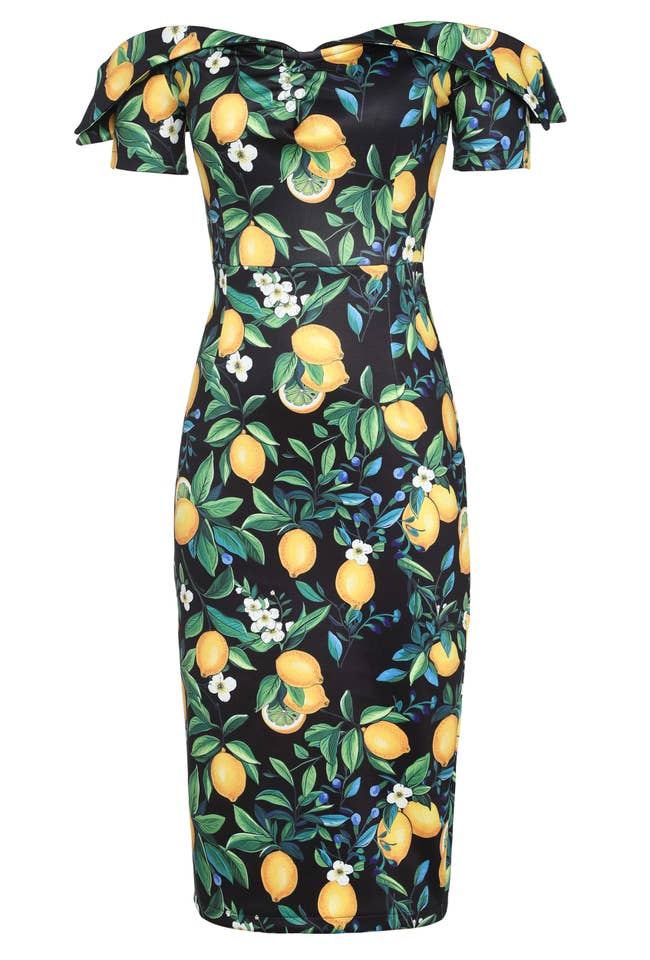 Dolly & Dotty - Wholesale Dress - Women's - Monroe Off-the-Shoulder Pencil Dress in Black Lemon Print12