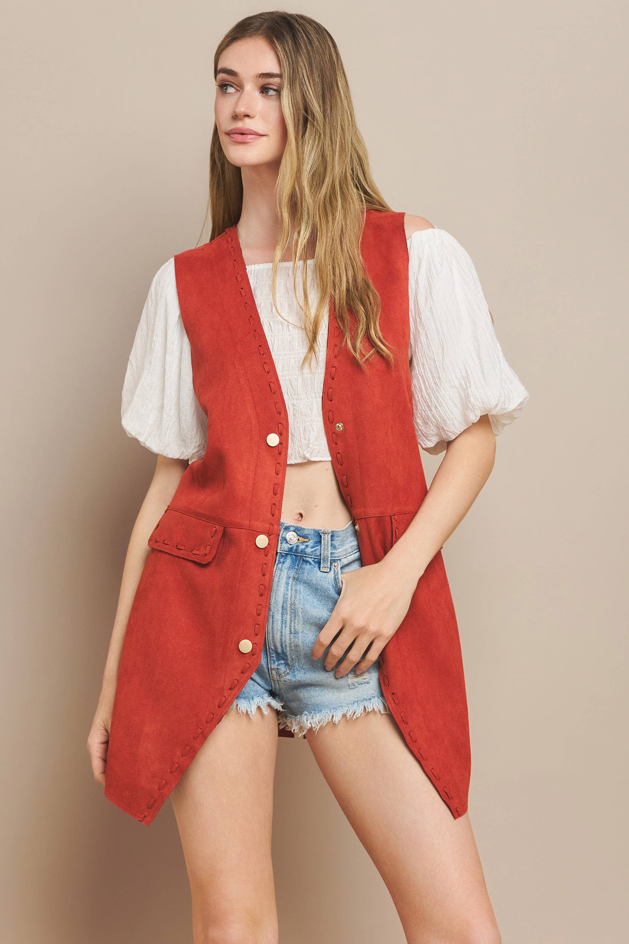 WISTERIA LANE - Wholesale Outerwear Vest - Women's - SUEDE MIDI VEST - RUST 6432JIA  4