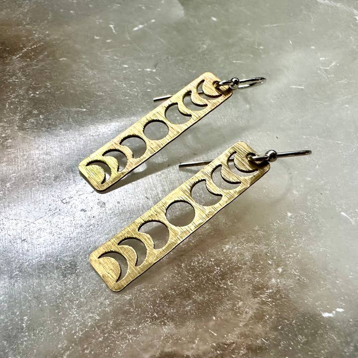 Vertical Moon Phase Earrings in Oxidized Brass for wholesale by Jennifer Kahn Jewelry
